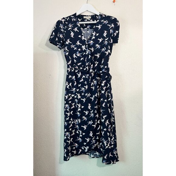 11:TYLHO Women Blue Bird Print Short Sleeves Wrap Midi Dress XS Tie-Waist Casual - Picture 1 of 13
